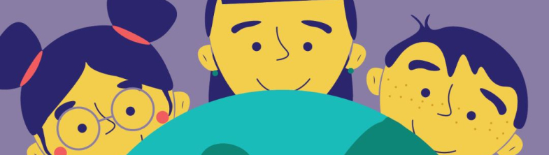 A cartoon picture of three children looking over a globe