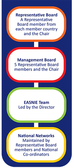 The Representative Board consists of a Representative Board member from each member country and the Chair. Below the Representative Board is the Management Board, made up of 5 Representative Board members and the Chair. Below the Management Board is the EASNIE Team, led by the Director. Finally there are the National Networks, which are maintained by Representative Board members and National Co-ordinators.